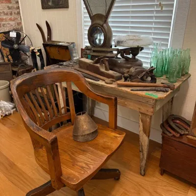 Antique oak bankers swivel chair with primitive work table