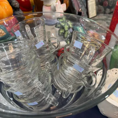 Large glass punch bowl with matching cups