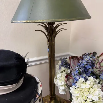Tall brass palm frond table lamp with metal shade
