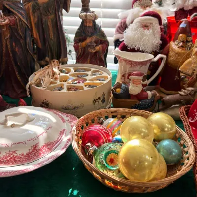 Christmas transferware casserole and glass ball ornaments
