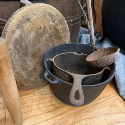 Cast iron pot, ladle and primitive dough bowl