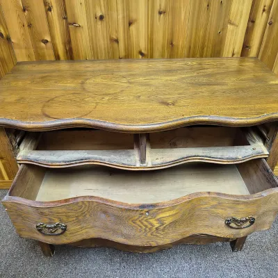 Wavy-Front Wooden Chest-of-Drawers and Wood-Framed Wall Mirror