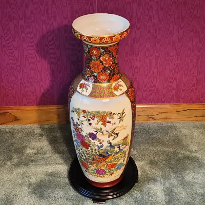 Large Asian Porcelain Peacock Vase with Footed Black Wooden Base (P-ES)