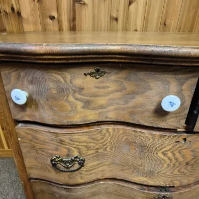 Wavy-Front Wooden Chest-of-Drawers and Wood-Framed Wall Mirror