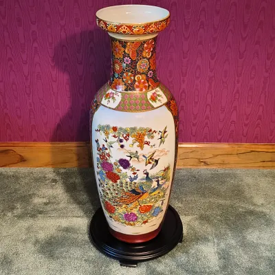Large Asian Porcelain Peacock Vase with Footed Black Wooden Base (P-ES)