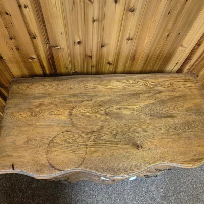 Wavy-Front Wooden Chest-of-Drawers and Wood-Framed Wall Mirror