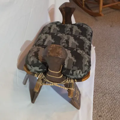 Vintage Wooden Camel Saddle Stool w/Camo Cushion (BBR2-JS)