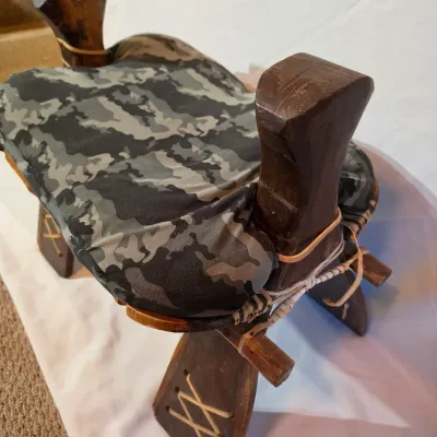 Vintage Wooden Camel Saddle Stool w/Camo Cushion (BBR2-JS)