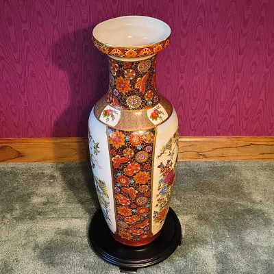 Large Asian Porcelain Peacock Vase with Footed Black Wooden Base (P-ES)