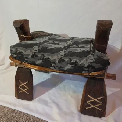 Vintage Wooden Camel Saddle Stool w/Camo Cushion (BBR2-JS)
