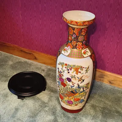 Large Asian Porcelain Peacock Vase with Footed Black Wooden Base (P-ES)