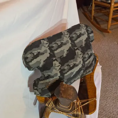 Vintage Wooden Camel Saddle Stool w/Camo Cushion (BBR2-JS)