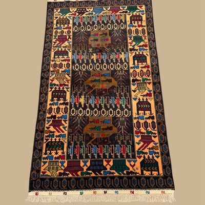 Sale Photo Thumbnail #57: Detailed tribal-style rug filled with bold pictorial and geometric motifs.