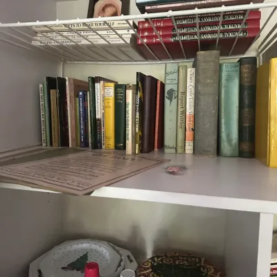 Sale Photo Thumbnail #115: Collection of vintage books, including 'Practical Handyman's Encyclopedia' volumes and 'Milady Textbook of Cosmetology,' arranged on a white shelving unit with holiday decor below.