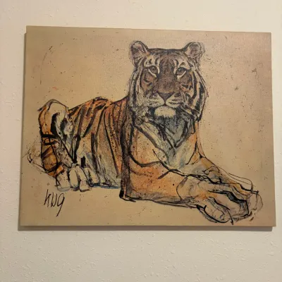 Sale Photo Thumbnail #71: Expressive mixed-media painting of a reclining tiger on canvas, featuring sketchy black outlines and warm orange tones, signed 'HWG' in the lower left.