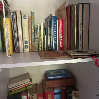 Sale Photo Thumbnail #114: Assortment of vintage books and vinyl records on white shelving, featuring mid-century educational textbooks, reference manuals, and classic LP box sets.