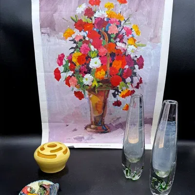 Pair Of Vintage Glass Seaweed Vases, A Yellow Camaro Pottery Flower Frog & A Cast Iron Door Knocker
