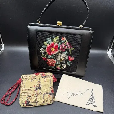 Vintage Purses Featuring An Original by Caprice Needle Point & Black Leather Handbag