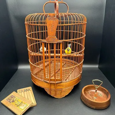 Wood Lot Featuring A Bamboo Bird Cage, A Japanese 5-piece Wood Carving Tool Kit And A MCM Nut Bowl