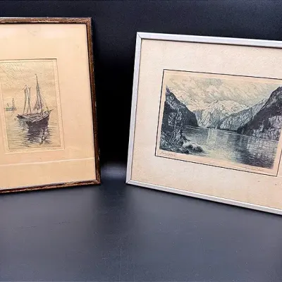Limited-Edition Etching Of Sailboats By L. Robin &  A Monochromatic Print Of Ringsee In Germany