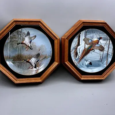 Two David Maas Wild Wing Collectors Plates Mounted In Wooden Shadow Boxes