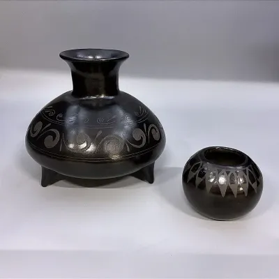 A Mexican Blackware Pottery Vessel Signed Mateos & A Small Southwestern Blackware Pottery Vessel