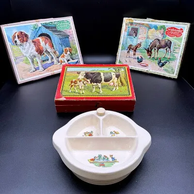 Vintage Puzzles And Baby Food Dish