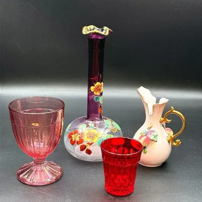 Charming Collection Of Vintage Glassware Featuring A Heisey Pink Glass Goblet