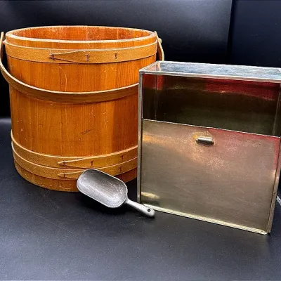 Vintage Primitive Firkin Wood Bucket With Divider, Metal Bread Box, & Aluminum Utility Scoop
