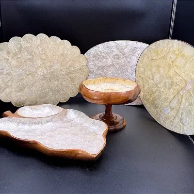 Midcentury Modern Style Capiz Shell And Wood Serving Pieces And Placemats