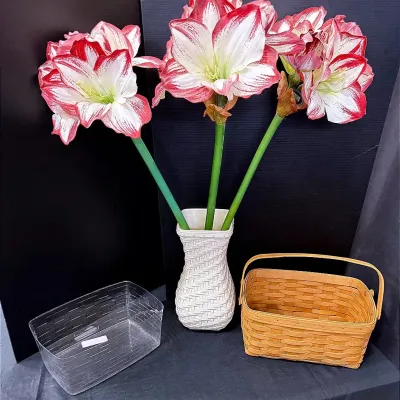 Longaberger Lined Basket And Longaberger Pottery Vase With Jumbo Flowers