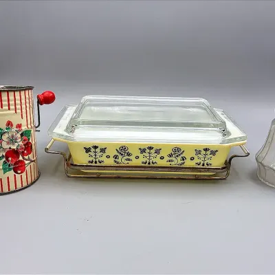 Pyrex Black Needlepoint Space Saver Casserole Dish, Vintage Flour Sifter & Vintage Nut Grinder