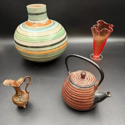 Four-piece Decorative Art Lot Featuring A Japanese Cast Iron Painted Teapot