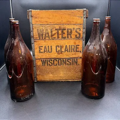 Walter Brewing Crate And Four Amber Glass Bottles 