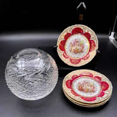 Waterford Crystal “Glandore” Rose Bowl And Royal Vienna Style Cabinet Plates