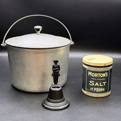 Wagner Aluminum Kettle With Lid,  Morton’s Salt Collectible Tin, & A Cast Iron Hand bell