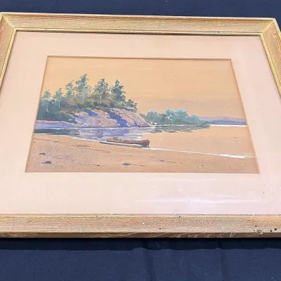 Framed Watercolor Beach Boat And Landscape Signed Lamont