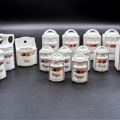 14 Piece Antique German Porcelain Kitchen Canister And Spice Set