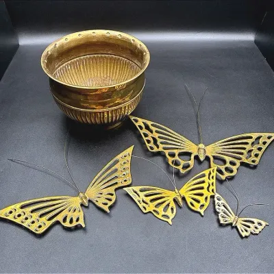 MCM Brass Butterflies And A Brass Cachepot Planter 