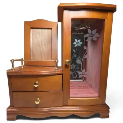 Sale Photo Thumbnail #24: Vintage Wooden Jewelry Cabinet Organizer with Mirror & Drawers - Floral Glass Door