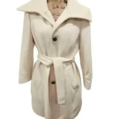 Sale Photo Thumbnail #27: The Limited Women's Cream Wool-Blend Coat Size L - Belted Shawl Collar Button Front