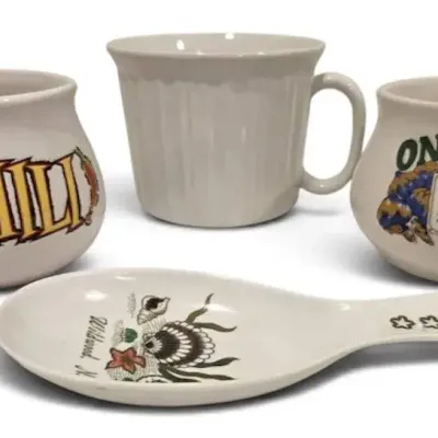 Sale Photo Thumbnail #44: Lot of 4 Vintage Soup Mugs & Spoon Rest – Chili, Onion Soup, Wildwood NJ Stoneware