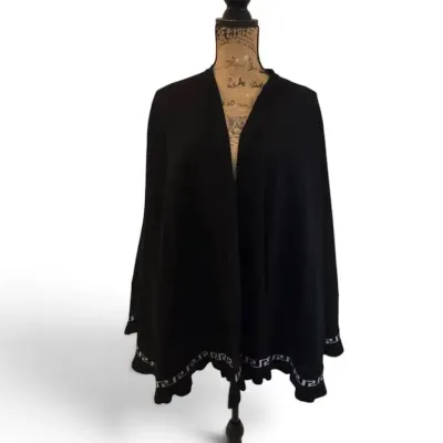Sale Photo Thumbnail #32: Black Knit Poncho Cardigan Open Front with Greek Key Trim - One Size