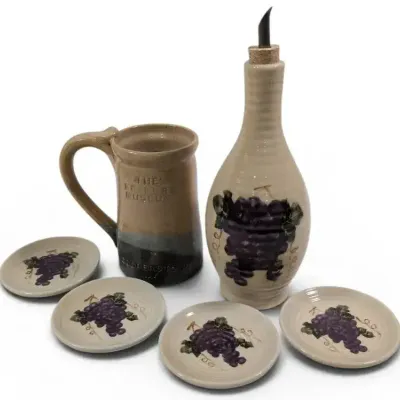 Vintage The Farmers Museum Cooperstown NY Stoneware Mug & Grape Coasters Set with Cruet