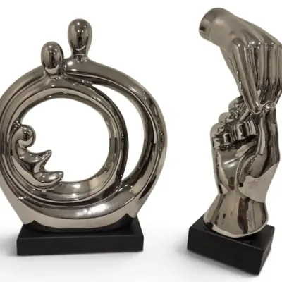 Sale Photo Thumbnail #45: Lot of 2 Modern Chrome Finish Sculptures – Family Circle & Interlocking Hands Home Decor