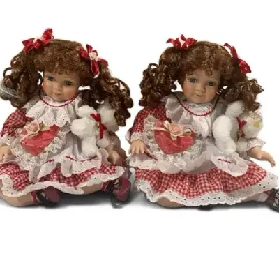 Vintage Porcelain Dolls Set of 2 – Red Gingham Dresses, Curly Hair & Teddy Bear Accessories
