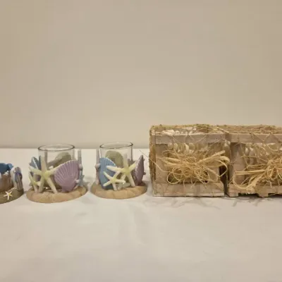Sale Photo Thumbnail #53: Lot of 5 Beach / Nautical Coastal Votive Candle Holders - Shell, Starfish, Flip Flop & Crate
