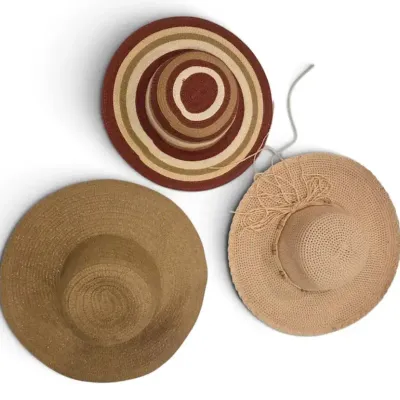 Sale Photo Thumbnail #35: Lot of 3 Women’s Wide-Brim Straw Sun Hats – Natural & Red/White Woven Designs
