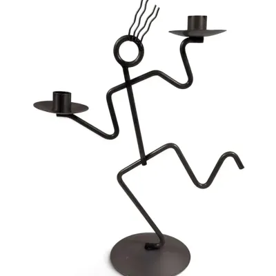 Handcrafted Wrought Iron Stick Man Candelabra Sculpture – Modern Tribal Style 16"