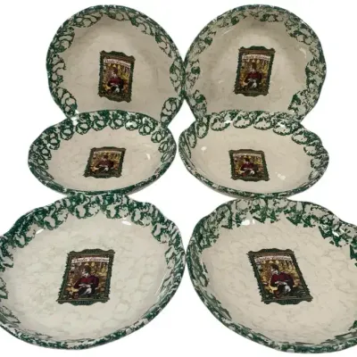 Set of 6 Certified International Pasta Cucina Bowls – Made in Portugal, Green Scroll Italian Design